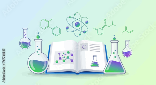 Chemistry textbook illustration with lab flasks and chemical structure diagrams vector art