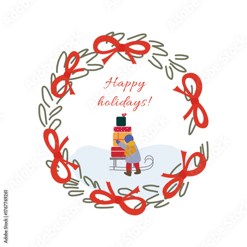 New Year's card A child in winter clothes stands in front of a sleigh with gifts in a frame made of bows and fir branches Vector
