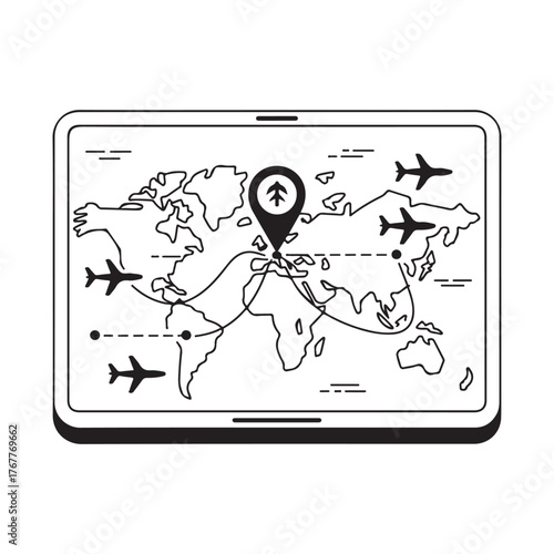 Tablet PC World Map and Multiple Flight Routes Outline