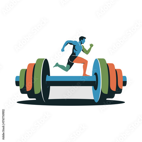 Fitness and Training Concept with Runner and Barbell Athletic Running and Weightlifting Vector Illustration