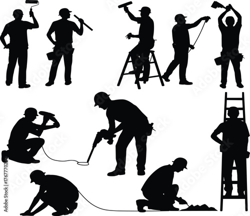 Construction workers, silhouettes, manual labor, painting, drilling, measuring, ladder work, bricklaying, maintenance, tools, industrial tasks, black figures, job site, repair, infrastructure,