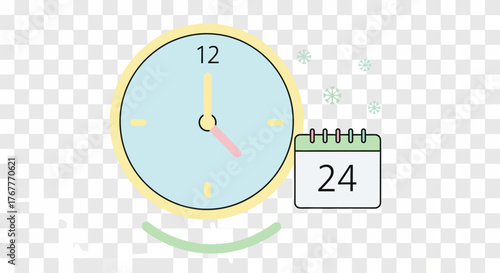 A digital illustration of a clock and calendar on a transparent background for Christmas Day planning.