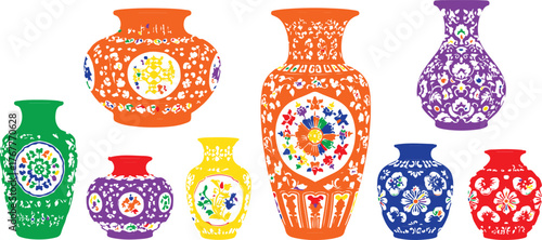 Colorful ornate vases with floral patterns ceramic