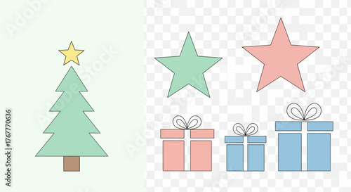 Flat lay illustration of a Christmas tree with gifts and stars on a transparent background for holiday designs on a special day.
