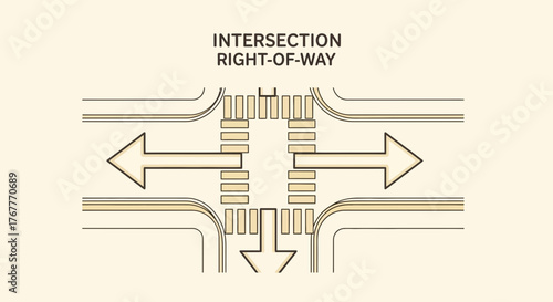 Depiction Of A Road Intersection With Marked Crosswalks And Directional Arrows