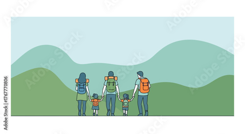 Family Hiking Along Green Hills, Enjoying Outdoor Adventure and Recreational Pursuits