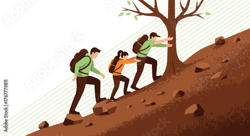 Family Hiking Uphill Together Supporting Each Other Towards Reaching the Peak Successfully