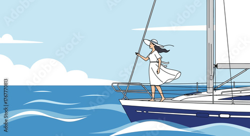 Elegant Woman Sailing Aboard a Yacht, Enjoying The Sunlight And Vast Sea View