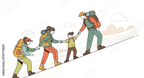Family Hiking Together Towards Mountain Success, Achieving Goals, And Teamwork in Nature