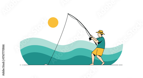 Fisherman Casting A Fishing Rod Into Water With A Sun And Waves Background