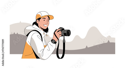 Enthusiastic Woman Photographs Verdant Scenery Using Modern DSLR Camera, Smiling