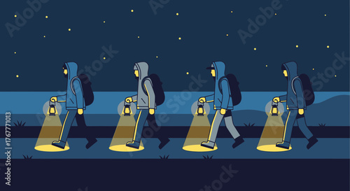 Four Figures Hiking Under the Night Sky With Backpacks and Lanterns, Walking Forward