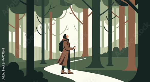 Forest Explorer On A Journey Searching For Purpose And Seeking Tranquility In A Serene Wilderness