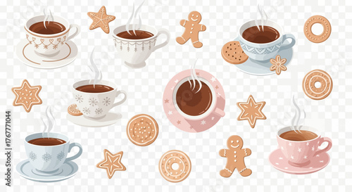 Flat lay illustration of steaming cups of hot chocolate with gingerbread cookies and sweet treats on a transparent background for Christmas Day celebrations.