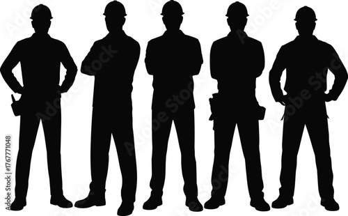 Construction workers silhouette, teamwork, labor force, industrial safety, hard hats, skilled laborers, infrastructure, tradespeople, unity, job site, manual work, occupational safety,