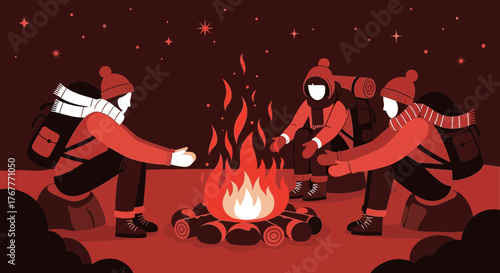 Evening Campfire Gather, Offering Warmth on a Cool Night Under a Starry Sky