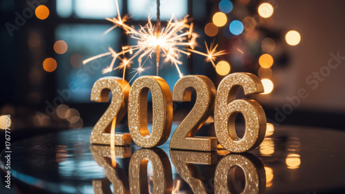 Silvester Sylvester 2026 New year New Year's Eve Party background banner panorama illustration - Abstract gold firework fireworks on dark green texture with bokeh lights