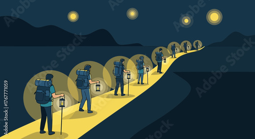 Evening Hikers Traverse Illuminated Trail During Night Adventure Under a Starry Sky