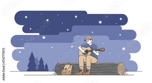 Evening Serenade: Guitarist Under a Starry Sky Embraces Nature's Tranquility