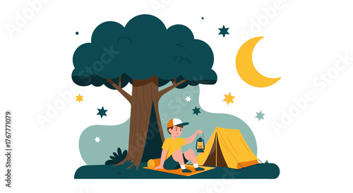 Evening Under The Stars: A Boy Camping With A Lantern Next To His Tent