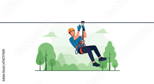Excited Person Enjoying Zip Line Adventure Through Lush Green Forest View From The Top
