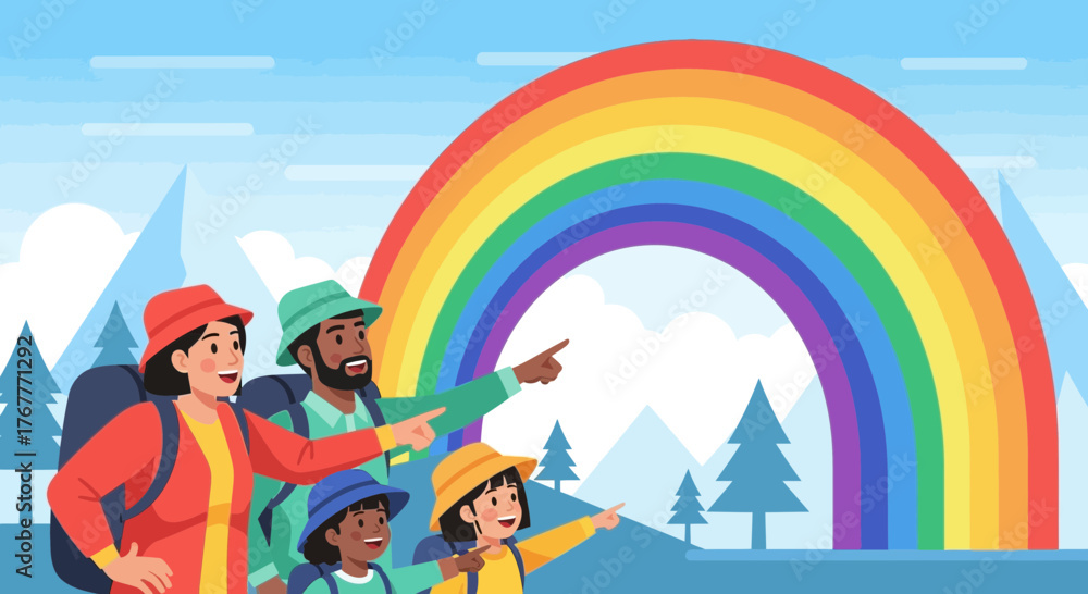 Fototapeta premium Family Discovering Colorful Rainbow While Hiking and Enjoying a Beautiful Nature Trail