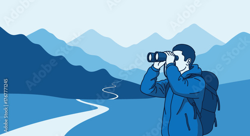 Exploring The Tranquil Mountain Path With Binoculars And A Rugged Backpacking Trip