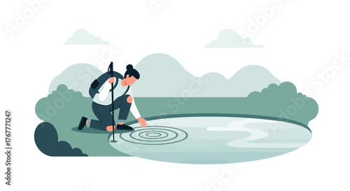 Exploring The Tranquility: A Hiker's Moment of Serenity Beside A Still Pond