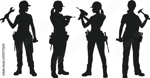 Construction workers silhouette, manual labor, power tools, wrench, drill, hammer, tradesmen, industrial workforce, skilled labor, tool belt, boots, teamwork, repair, maintenance, infrastructure