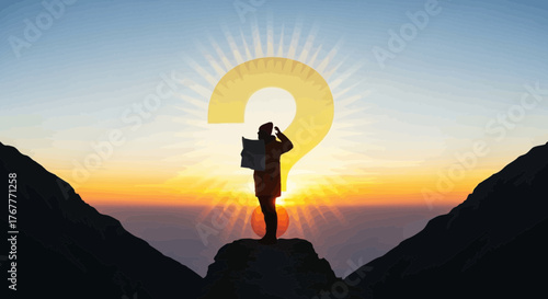 Facing The Enigma: A Person Ponders Questions Amidst A Sunrise Panorama