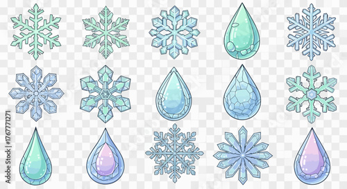 A flat lay of pastel-colored snowflakes and teardrop shapes on a transparent background, conveying a festive and delicate mood on a special winter day.