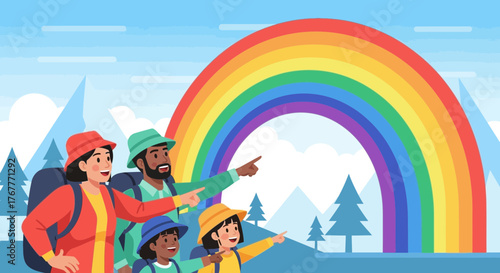 Family Discovering Colorful Rainbow While Hiking and Enjoying a Beautiful Nature Trail
