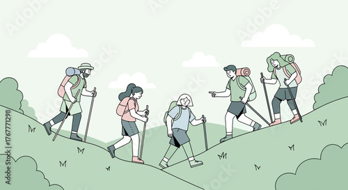 Group Of Adventurers Ascending Hillside For Camping Or Outdoor Hiking Trip Adventure