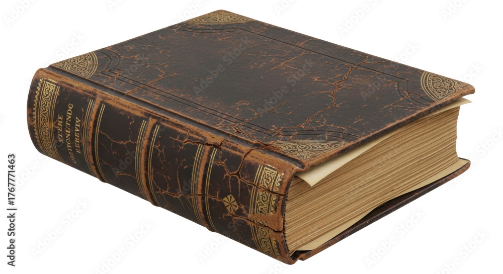 Obraz premium Old book with brown leather cover and gold accents isolated PNG with Transparent Background