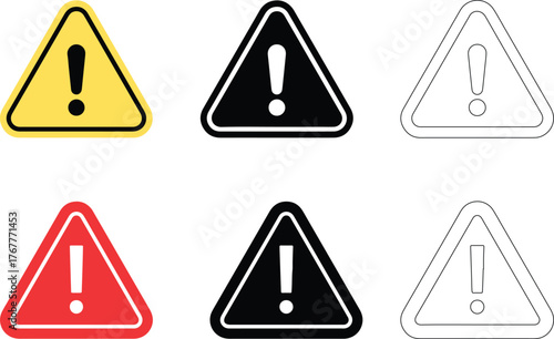 Set of six triangular warning signs featuring exclamation marks. Each sign has a unique color and border to indicate different alert and safety levels.