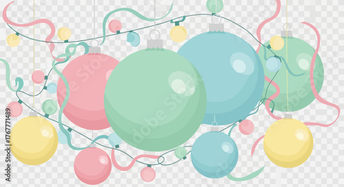 Colorful balloons and ribbons on a transparent background for Christmas Day celebrations with a festive mood.