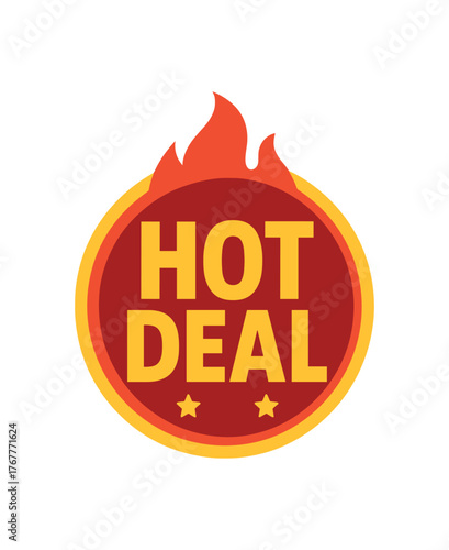 Flat vector banner design text HOT DEAL bold strong font red and palette circular badge isolated on white