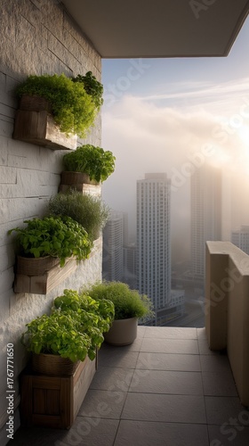 Urban oasis: A tranquil balcony garden with lush greenery against a city backdrop.