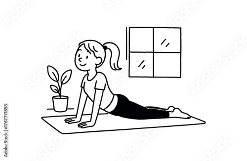 Doodle line comic style vector illustration white girl with pony tail doing yoga pose on mat at home black outline simple imperfect lines minimal details isolated on white