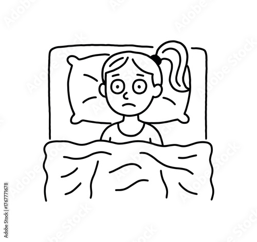 Doodle line comic style vector illustration white girl with pony tail lying bed wide awake with eyes open and messy blanket black outline simple imperfect lines minimal details isolated on