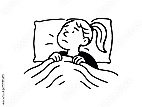 Doodle line comic style vector illustration white girl with pony tail staring at ceiling dark bedroom with blanket pulled up black outline simple imperfect lines minimal details isolated on