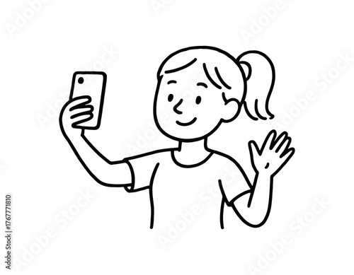 Doodle line comic style vector illustration white girl with pony tail taking selfie with smartphone black outline simple imperfect lines minimal details isolated on white