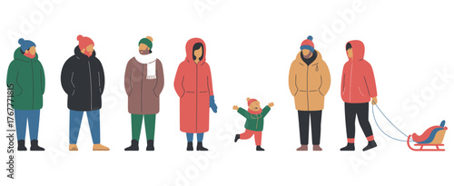 persons in cozy winter clothing, featuring men, women, and children of different ethnicities, enjoying cold weather outdoors in isometric