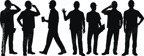 Construction workers silhouette, industrial team, safety gear, engineering workforce, teamwork, occupational diversity, infrastructure labor, hard hats, site professionals, building crew