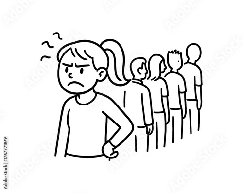 Doodle line comic style vector illustration white girl with pony tail standing frustrated long queue black outline simple imperfect lines minimal details isolated on white