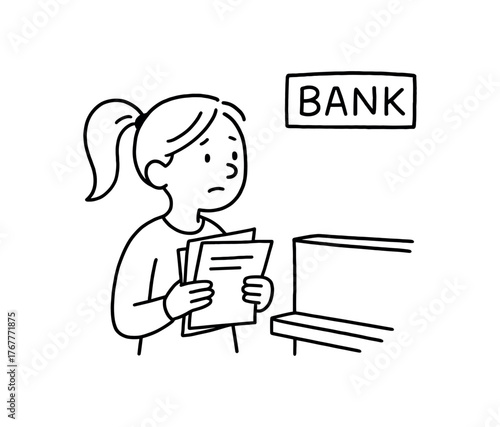 Doodle line comic style vector illustration white girl with pony tail waiting bank with paperwork black outline simple imperfect lines minimal details isolated on white