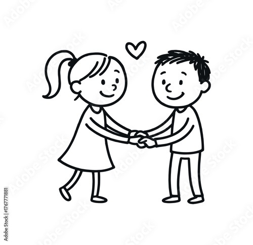 Doodle line comic style vector illustration white girl with pony tail romantic moment holding hands with partner black outline simple imperfect lines minimal details isolated on white