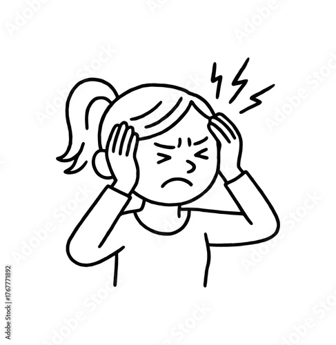 Doodle line comic style vector illustration white girl with pony tail headache holding head with pain black outline simple imperfect lines minimal details isolated on white