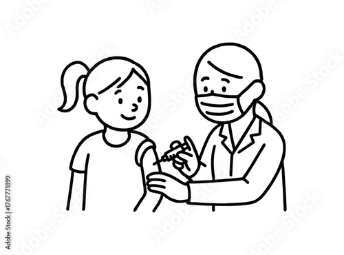 Doodle line comic style vector illustration white girl with pony tail getting vaccination shot at clinic black outline simple imperfect lines minimal details isolated on white