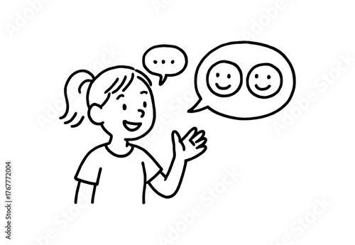 Doodle line comic style vector illustration white girl with pony tail chatting with black outline simple imperfect lines minimal details isolated on white